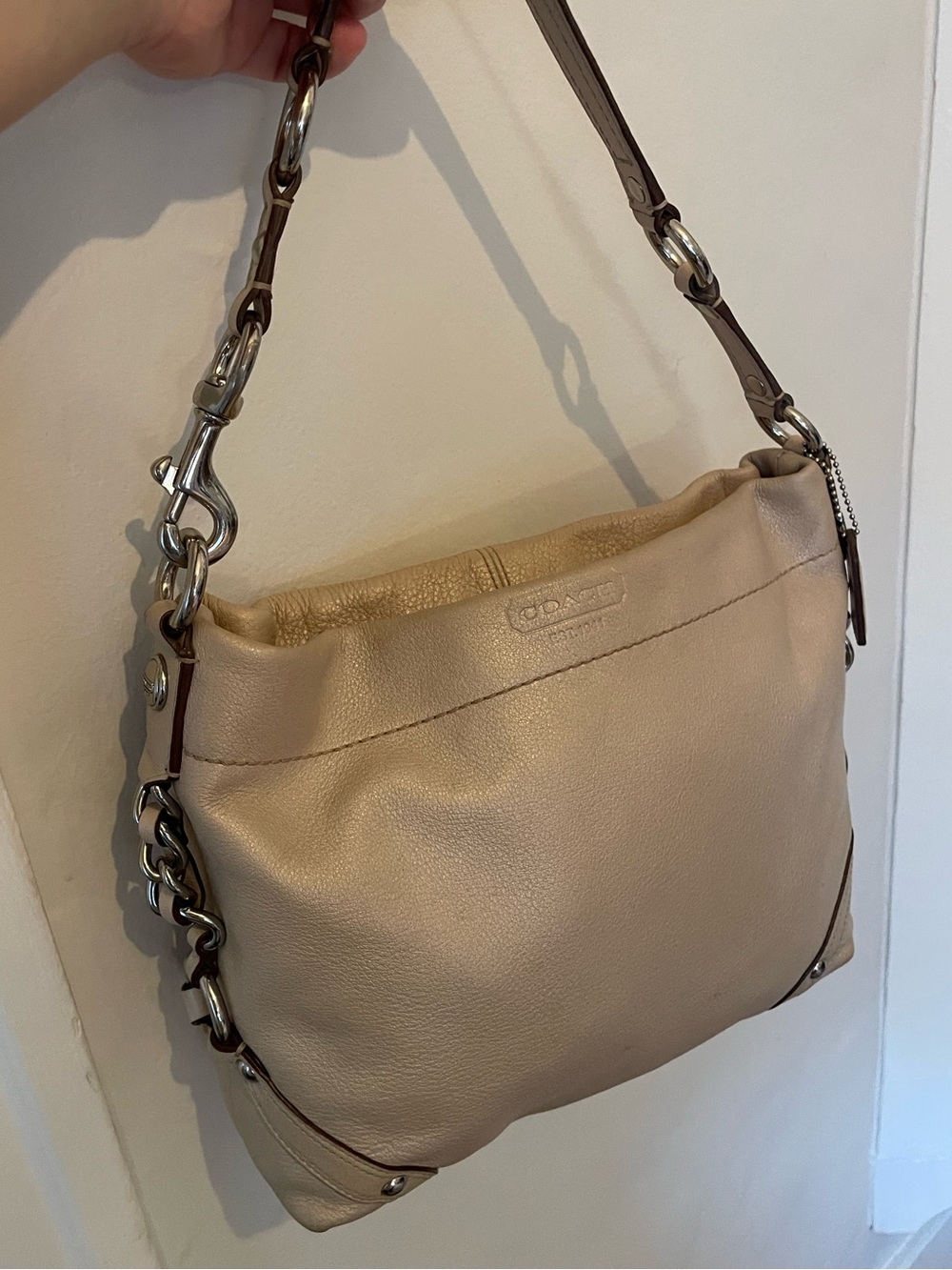 Coach | Carly Pebbled Leather Shoulder Bag in Cream w Silver Hardware